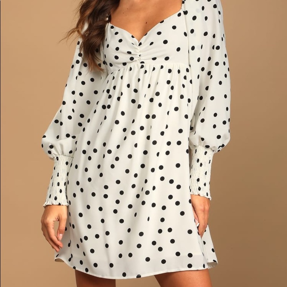 Lulu’s - Meet Me At Our Spot White Polka Dot Long Sleeve Mini Dress - M